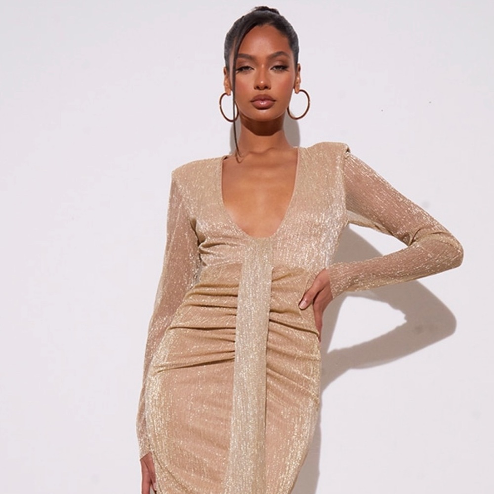 Gold Glitter Plisse Plunge Draped Midi Dress